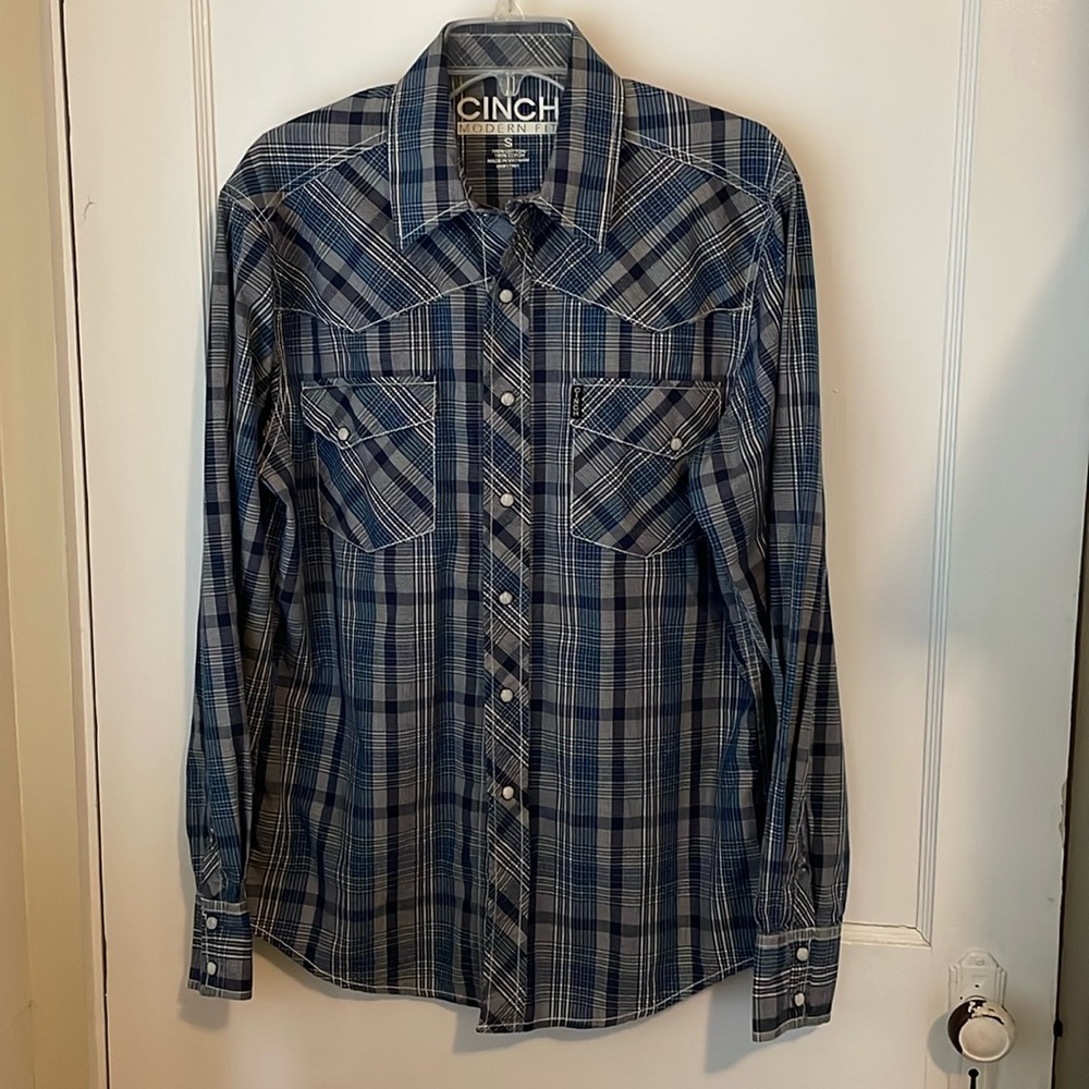 Cinch Western Shirt Modern Fit Size Small Blue and White Plaid